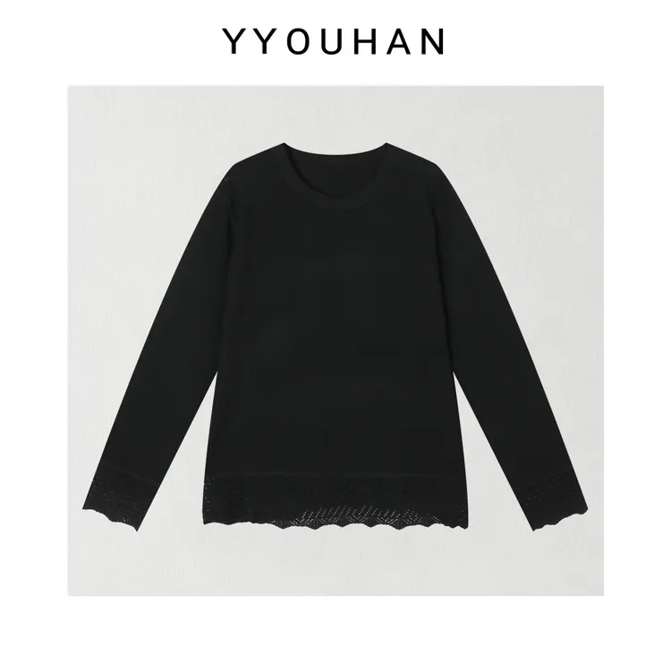 月月 镂空手袖下摆拼接皱感设计宽松休闲长袖针织衫 2512C8924