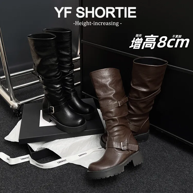 甜甜女孩·增高8CM皮带扣堆堆靴女2025新款欧美风辣妹厚底长筒靴子