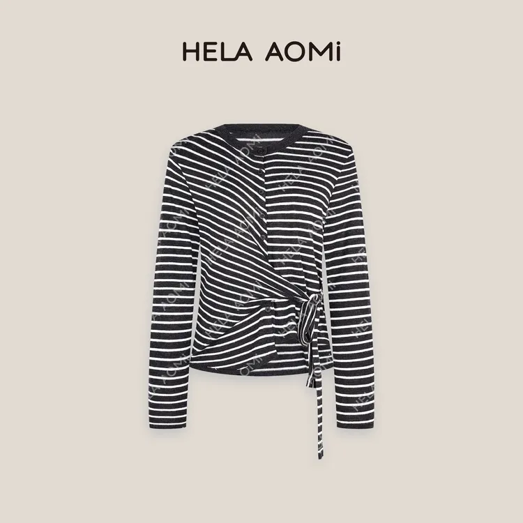 HELAAOMI “扭结条纹”绵羊毛爆款复古色系博主风随性圆领T恤打底衫