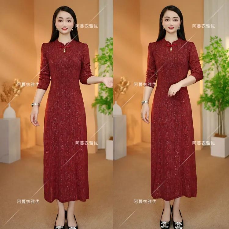 【衣雅严选】8068-2255#新冰羽丝弹力缎烫金长袖水滴领旗袍连衣裙