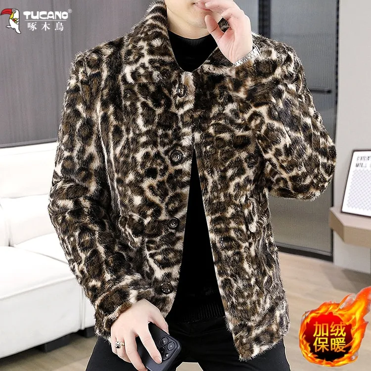 啄木鸟男士个性豹纹加绒夹克秋冬季时尚仿貂绒上衣加厚仿皮草外套