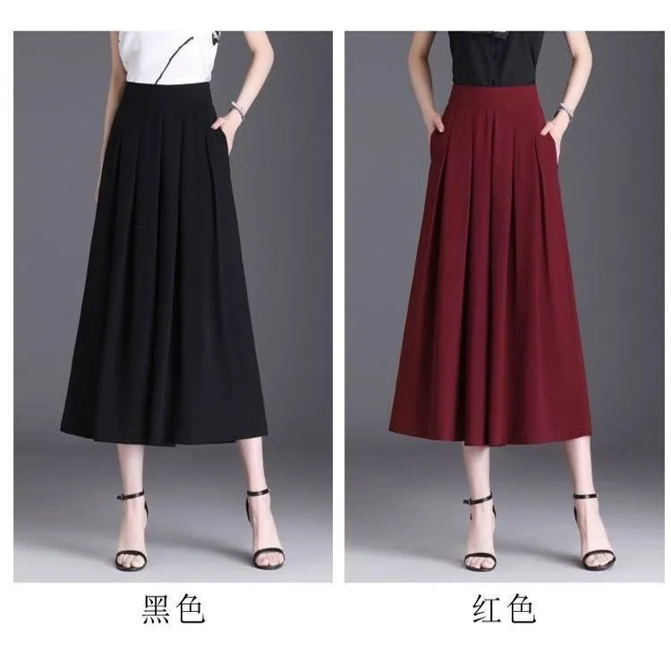 夏季新款薄款冰丝裙裤女休闲显瘦百搭七分高腰宽松阔腿裤裙妈妈装