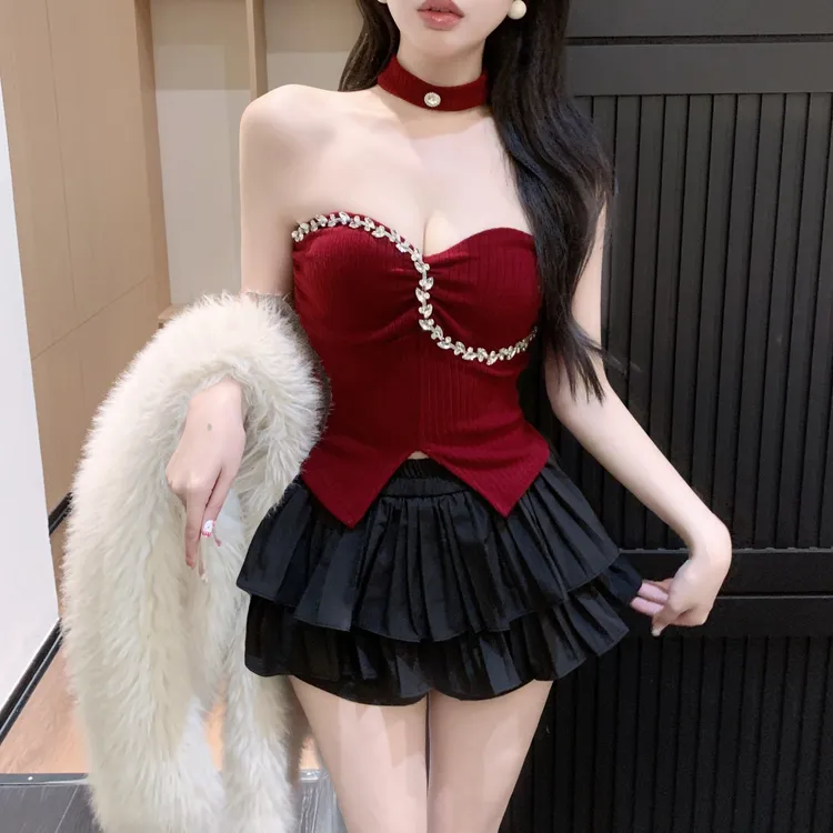 红色镶钻挂脖吊带背心女一字肩抹胸上衣带胸垫打底衫裙裤套装