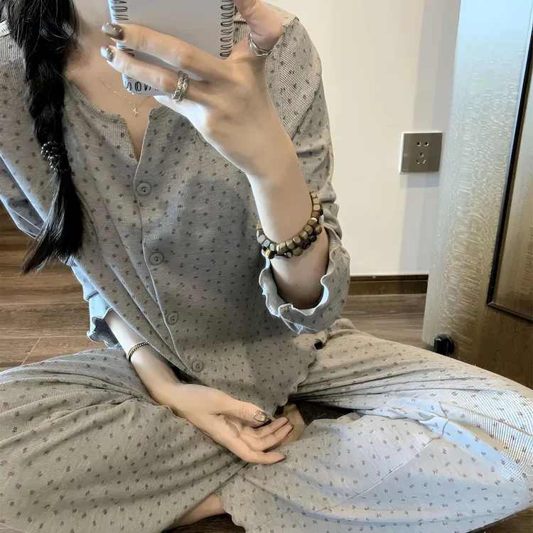 甜美碎花长袖睡衣女春秋季2025新款韩版小香风少女开衫家居服套装