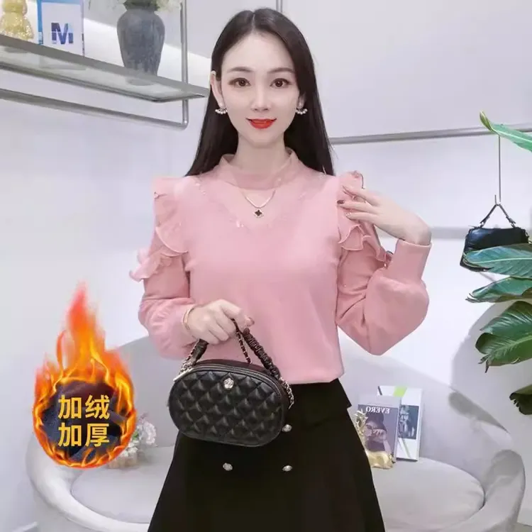 加绒加厚蕾丝衫女冬季新款泡泡袖拼接洋气小衫木耳边保暖打底上衣