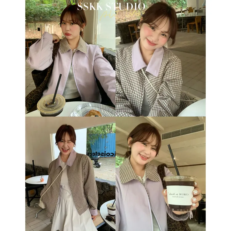 KMZY/KMZY山_山【甜酷少女】微胖韩版文艺气质翻领格子撞色夹克外套