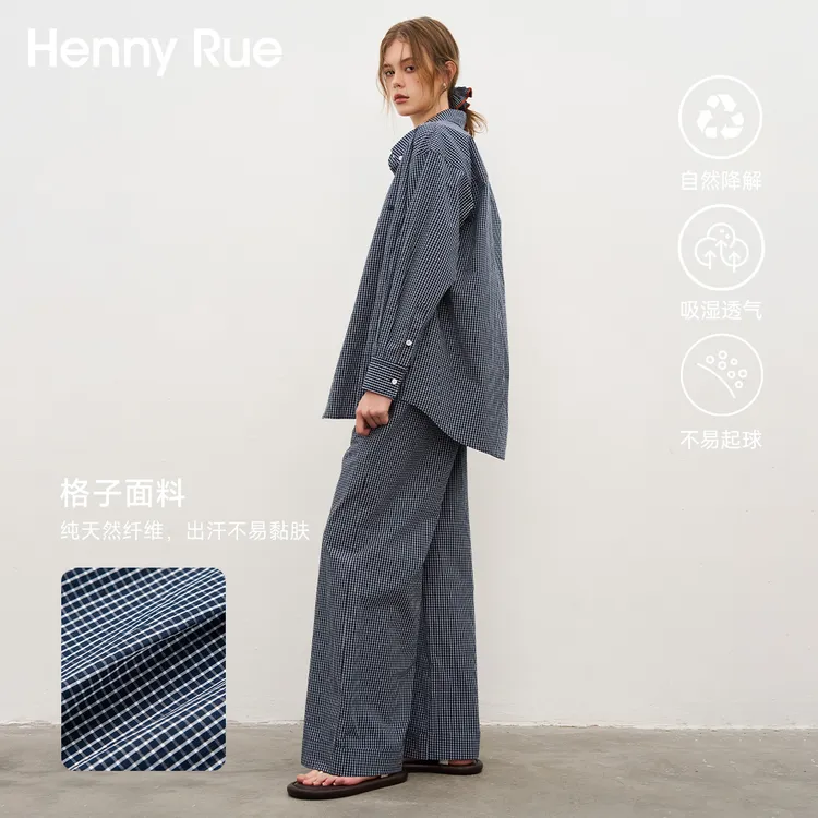 棉质格子宽松衬衣套装25521+25522+25528撞色格纹发圈