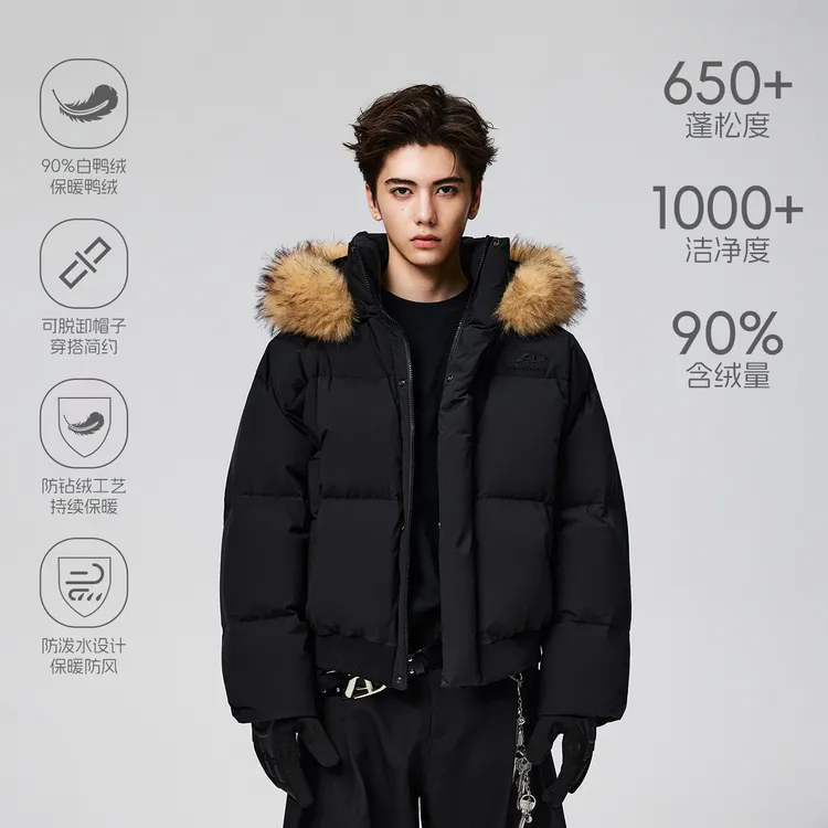 【Achock官方店】90白鸭绒美式毛茸茸连帽羽绒服男女潮牌派克服外套
