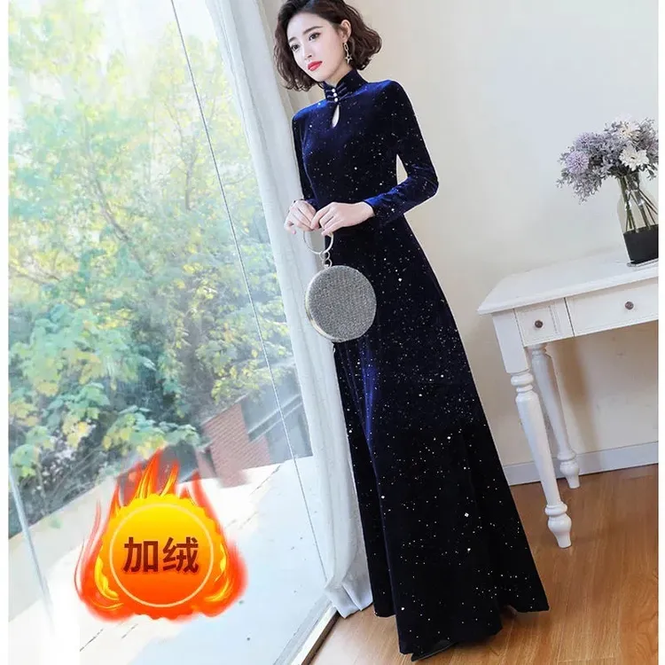 高端气质贵夫人金丝绒旗袍裙亮片闪钻烫金洋气加绒加厚旗袍裙子女