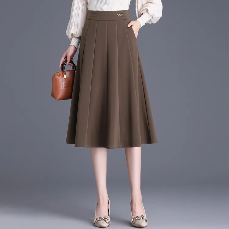 秋冬高腰显瘦中长款百褶裙拼接针织大摆裙后腰松紧通勤气质半身裙