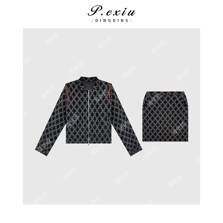 千金风气质款撞色印花长袖套装 M8607