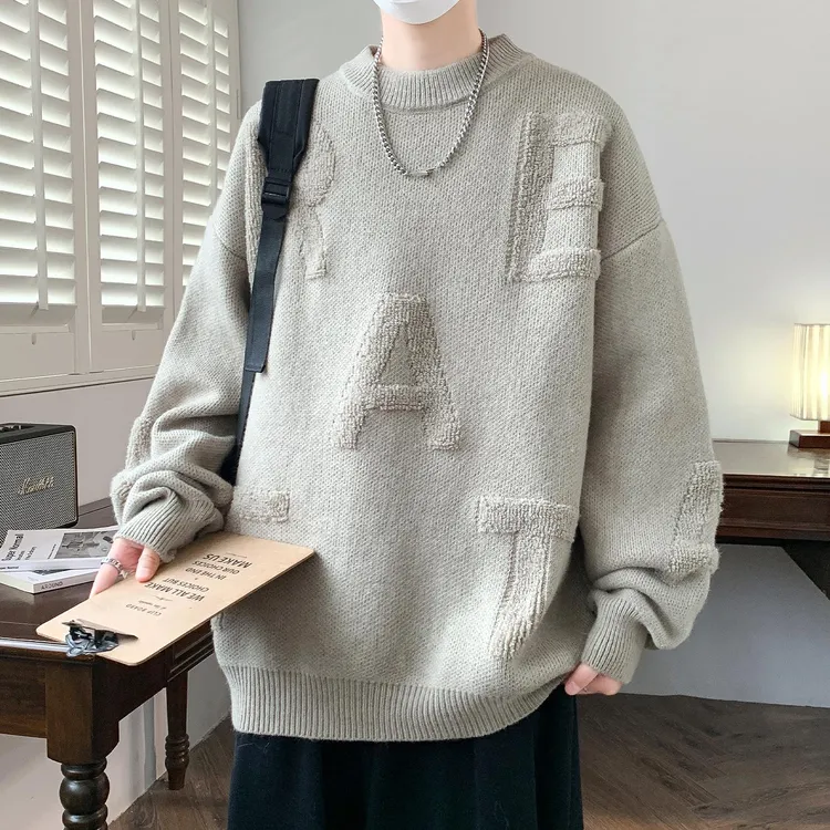 圆领毛衣男2025新款秋冬季套头针织衫男青少年字母提花保暖毛线衣