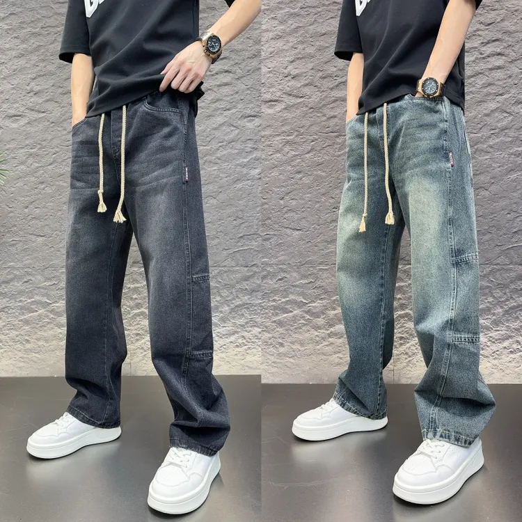 男士秋冬新款蓝色水洗牛仔裤宽松直筒阔腿拖秋日男士水洗做旧直筒
