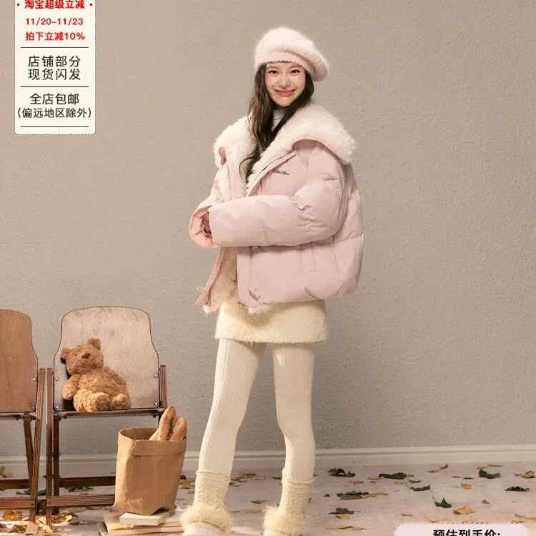 H2AN11 STUDIO海军领羊羔毛拼接羽绒服50白鸭绒秋冬牛角扣外套款