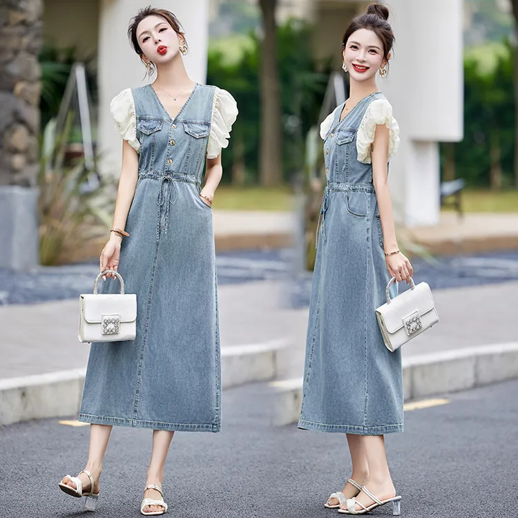 蓝色V领连衣裙中长款法式收腰显瘦设计感衬衫裙夏季减龄韩版洋气