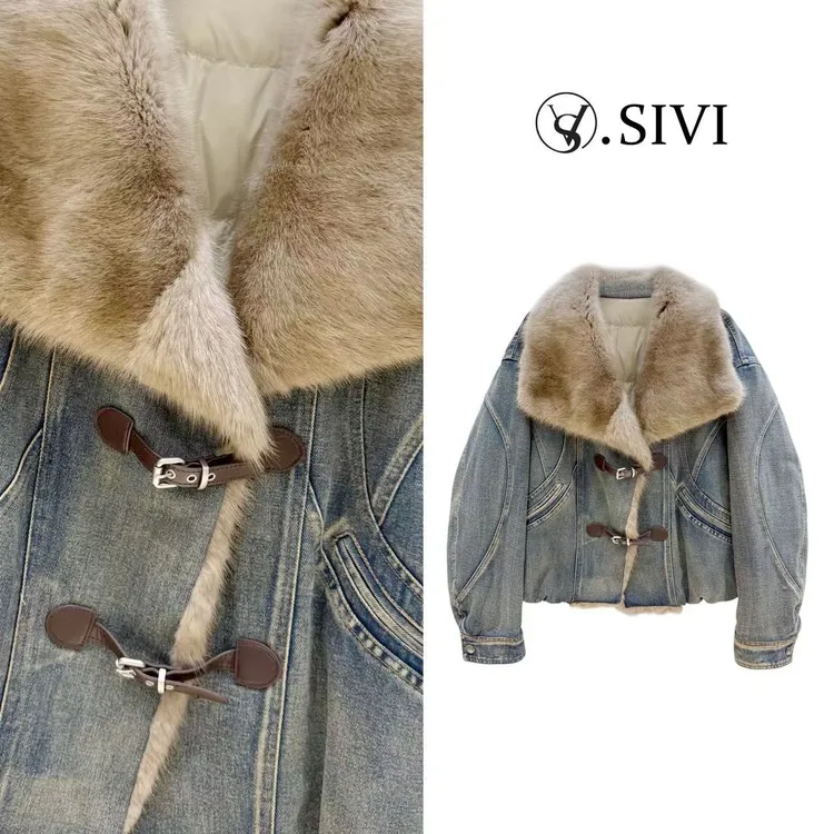 熙薇【旧蓝新痕】2025秋冬新款时尚休闲牛仔羽绒服外套H6116