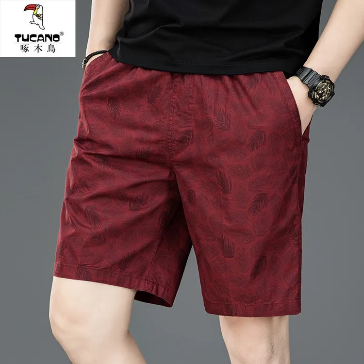 啄木鸟2025夏季新款纯棉男沙滩短裤休闲五分裤宽松酒红色中年爸爸