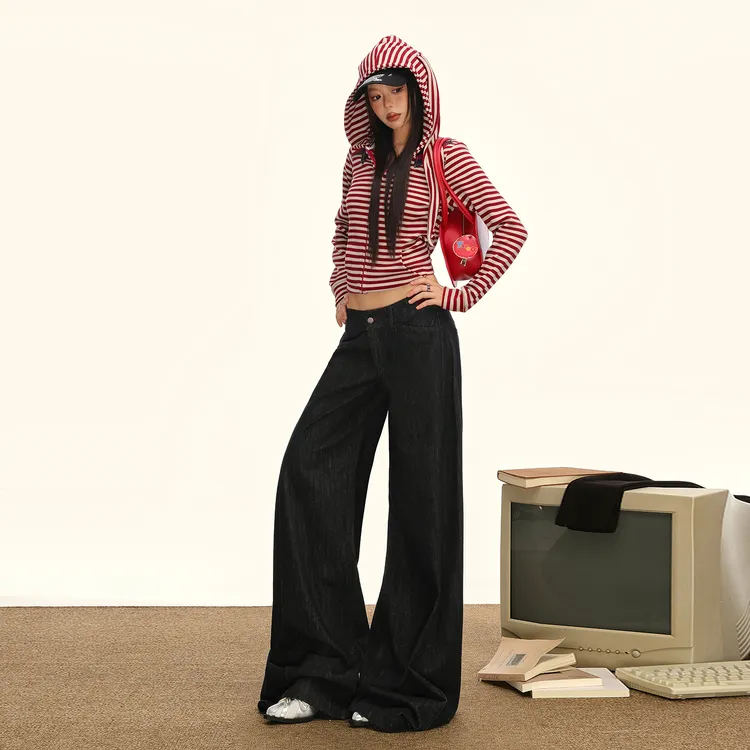 有米赤色扣眼低腰宽松A字型洗水原色牛仔裤女百搭垂感拖地阔腿裤