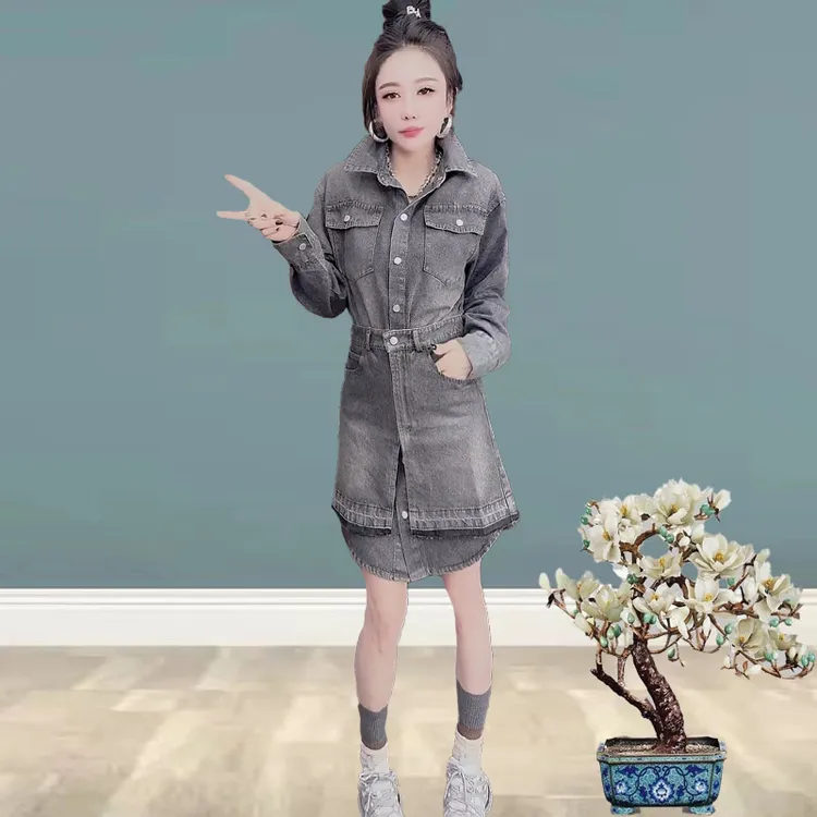 555611时尚气质洋气拼接显瘦牛仔假两件2025春季新款休闲连衣裙