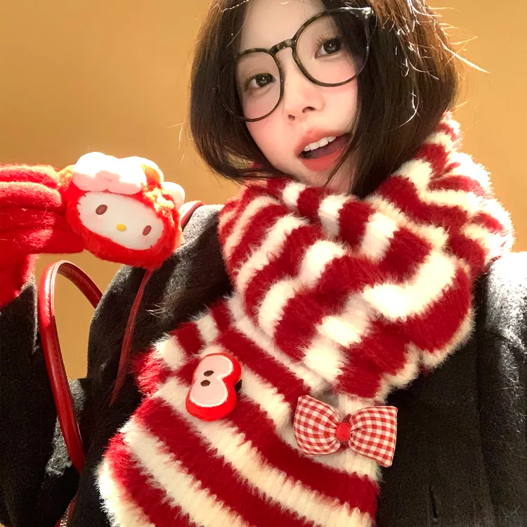 可爱红色苹果条纹蝴蝶结毛绒针织围巾女冬加厚保暖防寒氛围感围脖