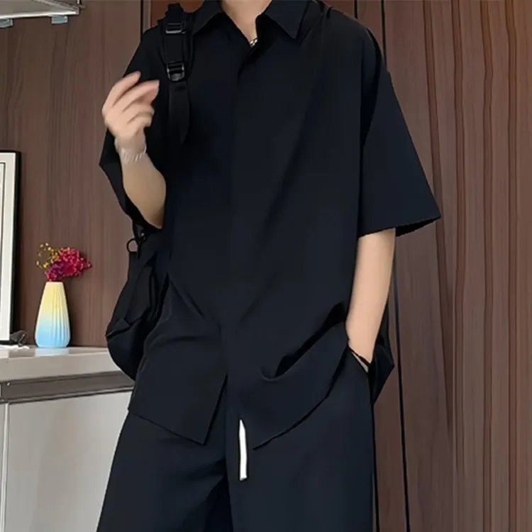 黑色冰丝衬衫短袖男款夏季休闲宽松大码高级感加肥加大衬衣外套