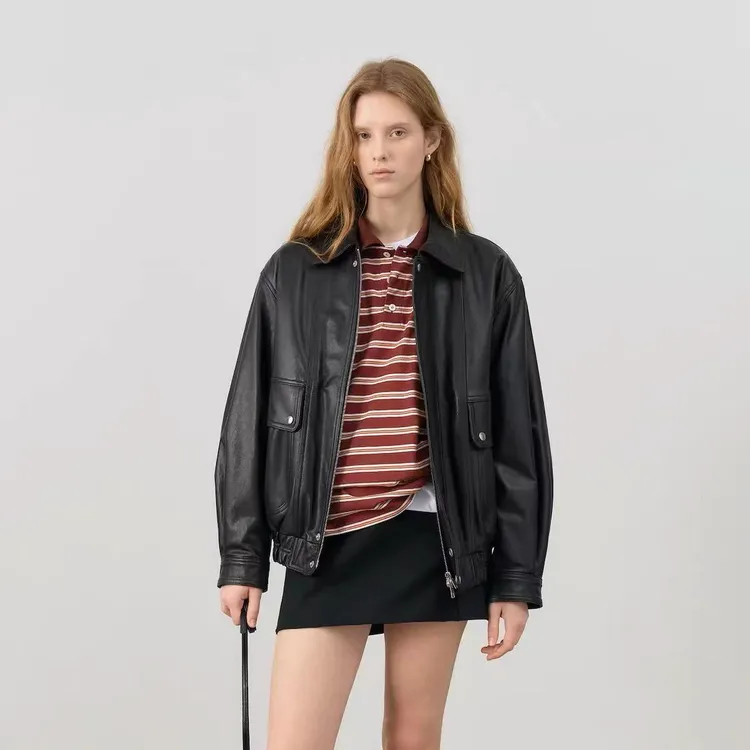 WE巴恩风简约进口全植鞣特级绵羊皮飞行夹克不费力时髦外套(鹅绒)