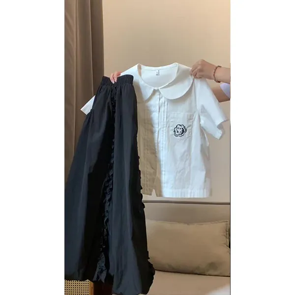 韩系学院风套装娃娃领白色短袖衬衫女夏季设计感高腰半身裙两件套