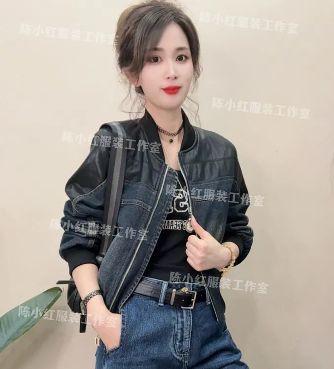 PU皮拼接牛仔衣欧货女秋2025新款短款外套