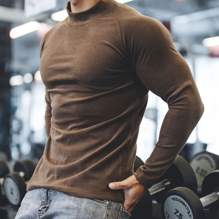 德绒半高领长袖男运动修身冬季打底保暖休闲纯色美式潮牌健身衣服