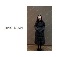 【JING DIAN】黑色翻领小竖格长款腰带安心羽绒服2030