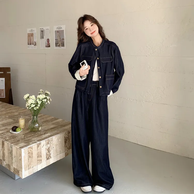 复古港风牛仔套装裤女2025早春新款甜酷炸街氛围感阔腿裤两件套潮