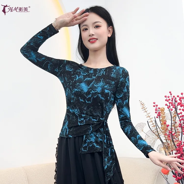 新款国风古典舞练功服上衣长袖印花不规则系带收腰显瘦现代舞服装