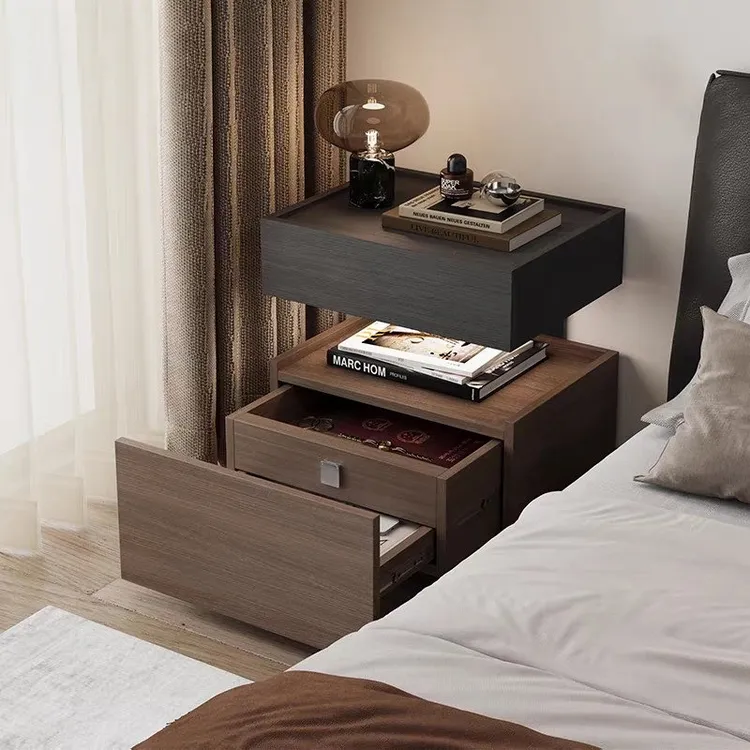 新款意式极简风带隐藏抽屉储物柜高级感悬浮带灯实木柜床头柜暗层
