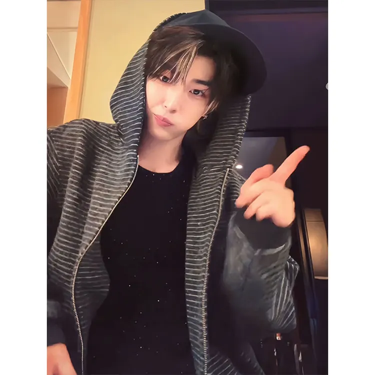 【林秋楠同款】条纹连帽开衫卫衣男秋季美式复古慵懒风情侣正肩外套