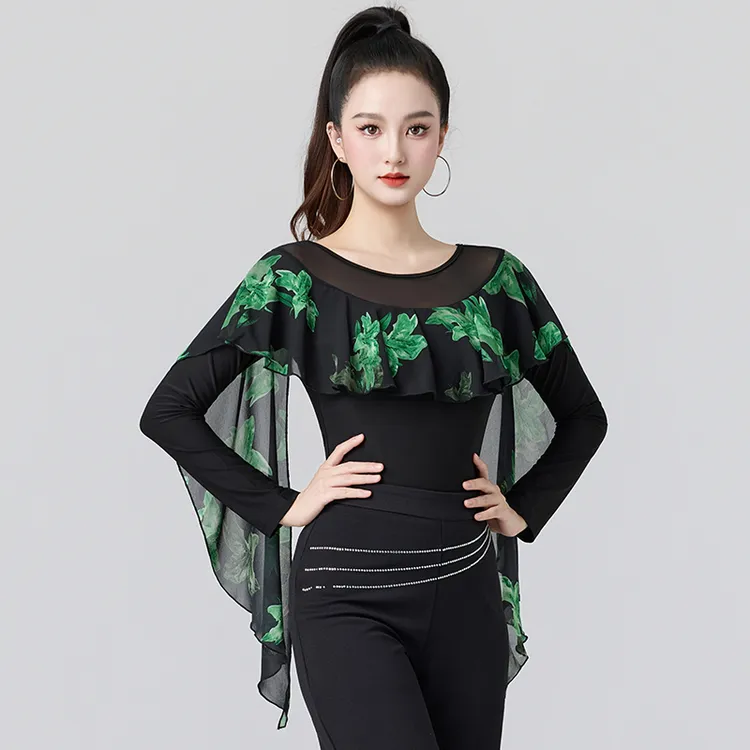 气质印花圆领长袖拉丁舞上衣适合华尔兹交谊舞等舞蹈