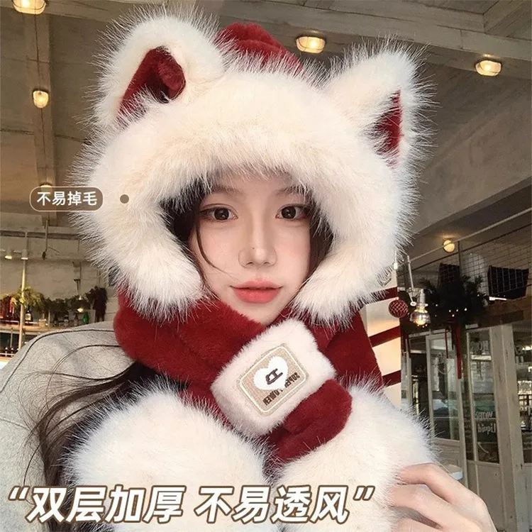 可爱狐狸冬季毛绒帽子围巾一体女秋冬户外保暖防寒骑行围脖护耳帽