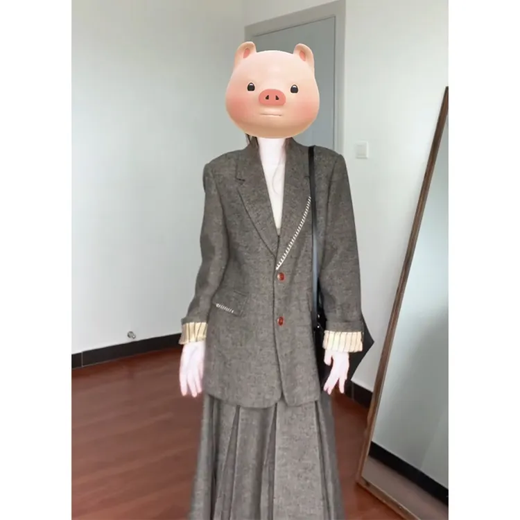 parkyeon韩系穿搭经典撞色小个子西装外套搭高腰显瘦百褶裙套装