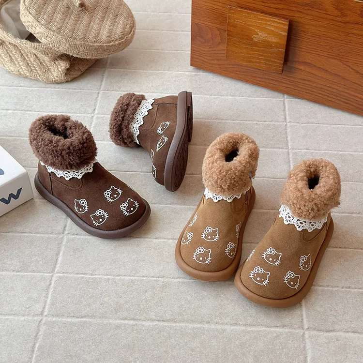 【过分可爱】韩版儿童加绒kt猫公主短靴保暖花边雪地靴防滑软底棉靴