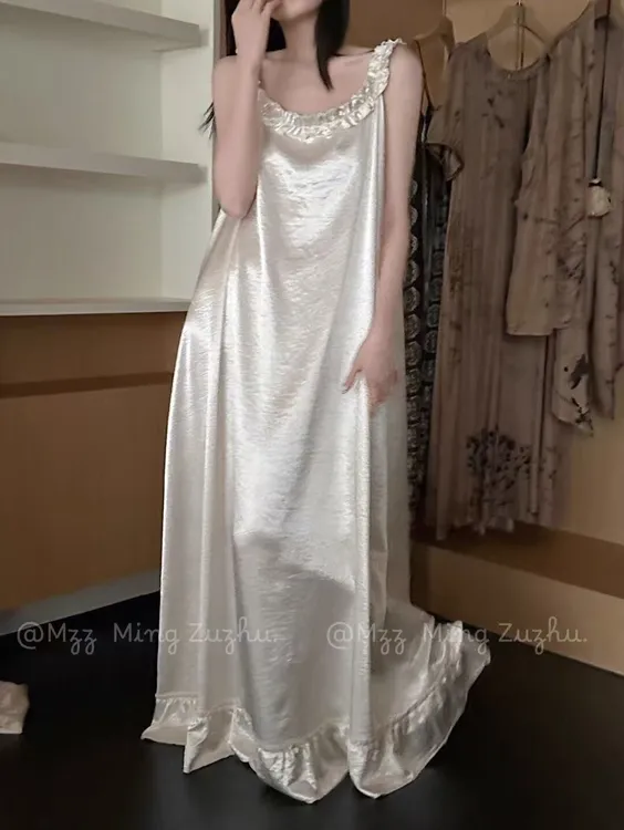 睡衣女款爆款2025新款冰丝绸缎珍珠白睡裙女夏季甜美花边家居服