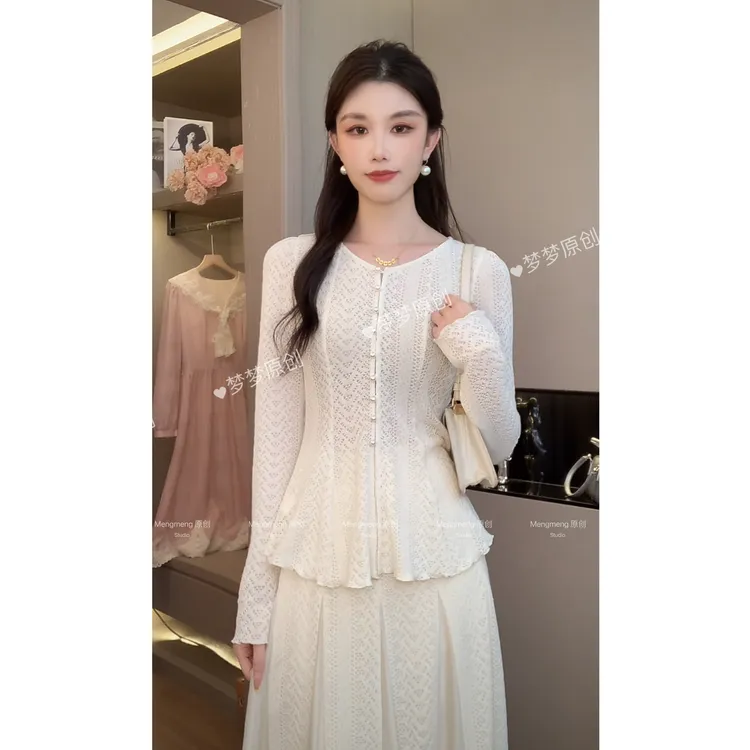 【梦梦&GERTC】拂雪 秋季纯色针织蕾丝时尚休闲气质套装GC253A3011