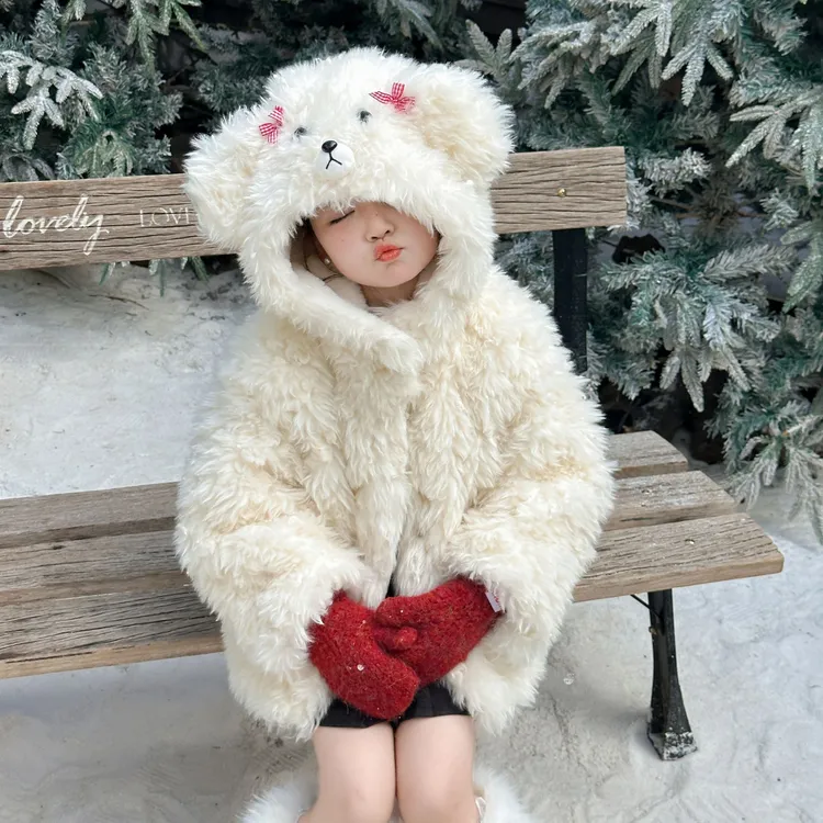 小熊连帽女童毛毛外套加绒仿皮草新款羊羔绒秋冬保暖可爱加厚上衣