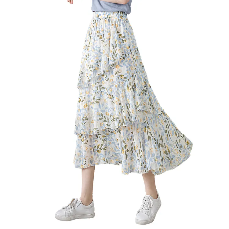 丝柏舍2025夏季新款女装拼接高腰撞色碎花中长款半身裙S32B1464BS