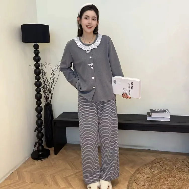 秋冬款纯色时尚简约长袖长裤舒适家居服睡衣套装