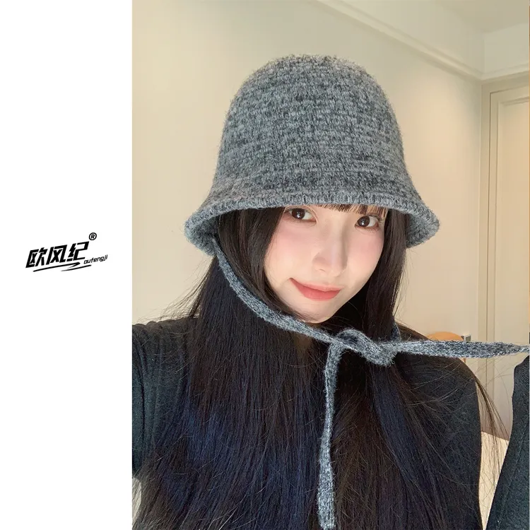 秋冬绑带针织渔夫帽子女韩版后开叉显脸小系绳盆帽户外保暖显脸小