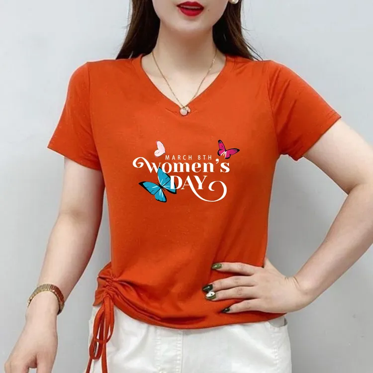 大码夏装2025新款短袖t恤女V领修身显瘦半袖体恤衫鸡心领上衣女
