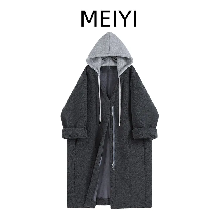 MEIYI 皮毛一体大衣女秋冬慵懒风可卸连帽中长羊羔毛外套小个子