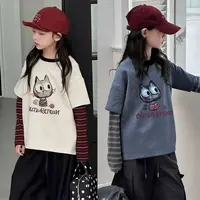 儿童秋季新款德绒柔软女童卡通猫咪印花假两件长袖T恤
