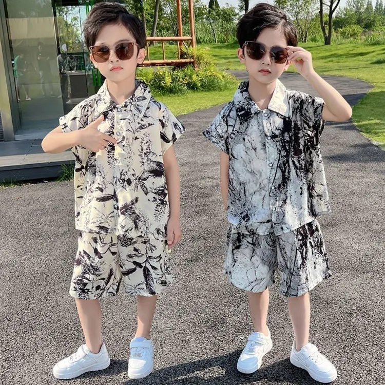 男童夏季衬衫套装2025新品网红中大童两件套儿童薄款短袖五分套装