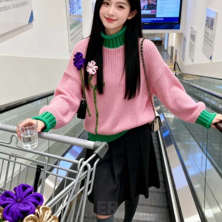 今年流行漂亮多巴胺洋气减龄毛衣慵懒风高级感粉绿拼色针织衫女冬