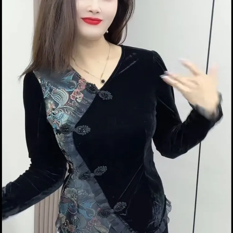 哥弟阿玛施正品2025早春钻石绒长袖衬衫女时尚气质重工串珠新中式